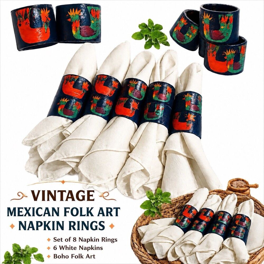 Vintage Mexican Handmade Folk Art Napkin Rings Set Of 8 Boho Artisan Decor ￼